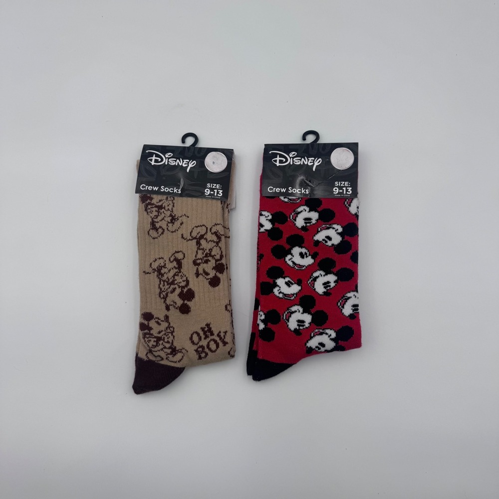 Disney Mickey Mouse Crew Socks 2 Pair Set Red Tan Oh Boy Mens Size 9-13 NEW